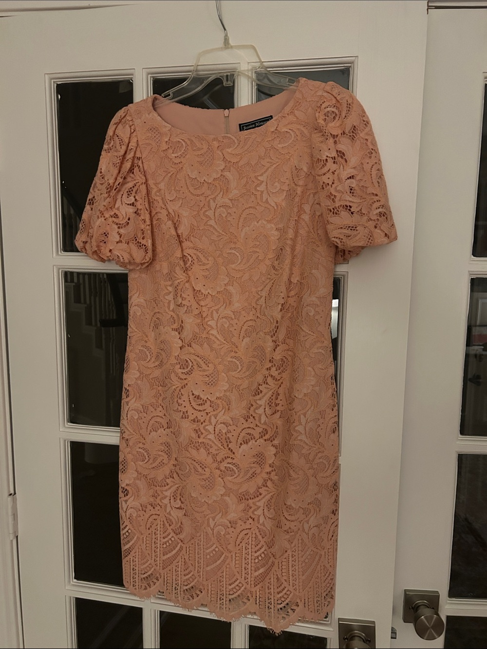 Jessica Howard Peach Lace Midi Dress with Puff Sleeves